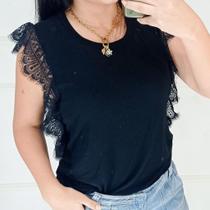 regata t shirts feminina com detalhes em renda básica