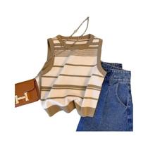 Regatas femininas casuais de tricô listrado sem mangas com tops contrastantes (rosa/preto e branco)