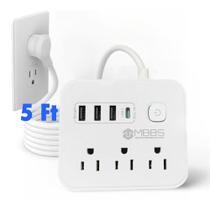 Regleta MBBS con 3 tomacorrientes AC, 4 puertos USB y USB-C, cable de 1.5 m, protección de 1200J