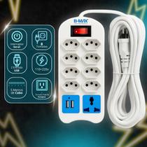 Régua De Energia Bivolt Filtro De Linha Com 8 Tomadas Com Chave Liga Desliga USB Cabo 5M Universal