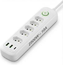 Régua de energia com 5 tomadas + USB + Tipo-C Cabo 2m Filtro de Linha Bivolt automático Ideal para home office,
