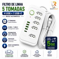 Régua de Energia / Filtro de Linha 5 Tomadas 4 USB 1 USBC, Cabo 5 Metros, Bivolt Automático 110V/220V, Ideal para Casa e Escritório