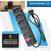 Régua Extensão Elétrica 1m 5 Tomadas tripolar 10 Amperes fusível Botão Liga Desliga 110V/220V Bivolt
