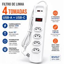 Régua Filtro de Linha régua 4 Tomadas Bivolt Usb A+C 20W 90 Graus 10 amperes protetor contra surtos Régua Filtro de Linha régua 4 Tomadas Bivolt Usb A+C 20W 90 Graus 10 amperes protetor contra surtos