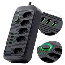 Régua Tomada 5 Tomadas 4 USB + USB-C Anti Chamas LED Indicador Cabo 2m Bivolt Preto