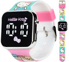 Relógio Accutime Hello Kitty LED Kitty, capa prateada para crianças, silicone