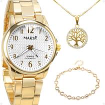 Relogio Aço Banhado Feminino + Colar Pingente Pulseira strass arvore da vida social qualidade premium analógico presente