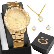 Relogio Aço Feminino Banhado + Caixa + Colar Brinco Strass qualidade premium original presente ponteiro social casual