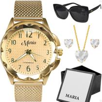 Relogio aço feminino + caixa + brinco colar presente strass dourado proteção uv original mostrador preto banhado moda Relogio aço feminino + caixa + brinco colar presente strass dourado proteção uv original mostrador preto banhado moda