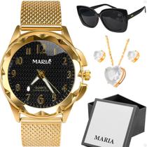 Relogio aço feminino + oculos sol + caixa banhado original strass presente inoxidável dourado mostrador preto moda - Orizom