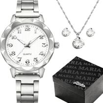 relogio aço feminino prata + colar strass + caixa brincos prateado aço inoxidável casual presente original ponteiro