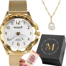 Relogio Aço Inox Banhado Feminino + Colar Perola + Caixa perola quadrado dourado casual cartão presente prova dagua