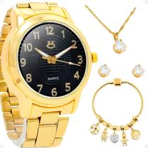 Relogio aço inox banhado feminino + pulseira + brinco colar qualidade premium inoxidável strass presente casual dourado
