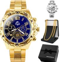 Relogio Aco Inox Banhado Masculino + Corrente Cordao + Caixa grumet grande dourado cordao inoxidavel pesado original