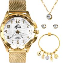 Relógio Aço Inox Colar Brinco + Feminino Dourado Banhado + Pulseira social original strass resistente aço inoxidável