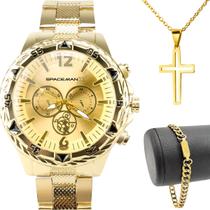 relogio aco inox dourado masculino + crucifixo grumet grande pesado presente robusto resistente cordao silicone original