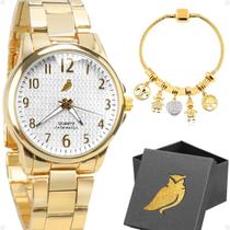 Relogio Aço Inox Feminino Banhado Pulseira Delicada presente original coruja dourado casual Qualidade premium analogico - Orizom