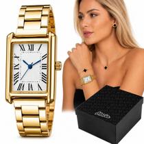 Relogio aco inox feminino + colar brincos dourado casual 18k banhado quadrado social ouro resistente folheado inoxidavel