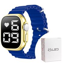 Relógio aço inox feminino led digital silicone ultra + caixa azul qualidade premium original dourado