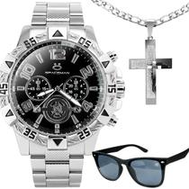 Relogio Aco Inox Masculino + Oculos Sol UV Proteção original catolico social casual grande religioso pai nosso presente