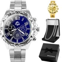 Relogio aco inox masculino prata + corrente oculos + caixa inoxidavel grumet acetato cordao dourado pesado grande preto