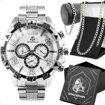 relogio aço inox prova dagua + caixa + pulseira + cordão prata qualidade premium presente robusto inoxidável social