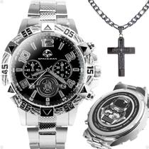 Relogio aço inoxidavel prata masculino + cordao crucifixo pesado qualidade premium robusto presente grande resistente