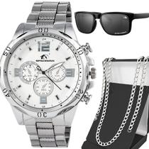 Relogio Aço Inoxidável Prata Masculino + Cordao ponteiro casual proteção uv acetato original mostrador preto inoxidável
