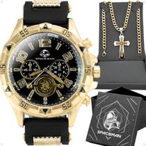 Relogio Aço Masculino Banhado + Caixa social grumet dourado cruz presente inoxidavel catolico original religioso casual