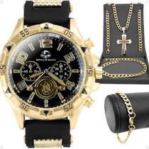 Relogio Aço Masculino Banhado + Crucifixo Cordão + Pulseira silicone dourado inoxidavel cruz original catolico religioso