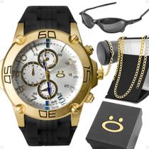 Relogio aço masculino + caixa + oculos sol + cordao pulseira silicone analogico social ponteiro dourado autentico grumet