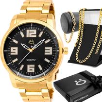 relogio aço masculino dourado + pulseira + caixa + cordao mostrador preto original qualidade premium grumet presente