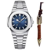 Relógio Aço Masculino Prateado Luxo Casual + Colar Flecha