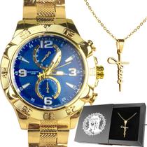 Relogio aço masculino prova dagua + cordão crucifixo + caixa banhado ouro pesado original religião religioso católico