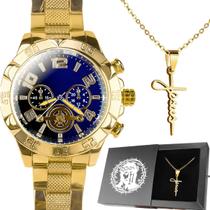 Relogio aço masculino prova dagua + cordão crucifixo + caixa banhado ouro pesado original religião religioso católico