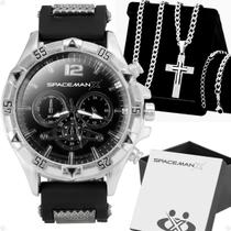 Relogio Aço Masculino + Pulseira + Caixa + Cordão Crucifixo inoxidável religioso Ajustavel original qualidade premium