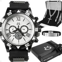 relogio aço masculino + pulseira + caixa + cordao crucifixo prateado black piano social religioso preto robusto branco
