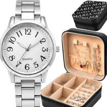 Relogio Aco Prata Feminino + Colar Pulseira social presente qualidade premium casual inoxidavel original anel