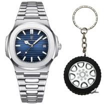 Relógio Aço Prata Luxo Masculino Analógico + Chaveiro Roda Relógio Aço Prata Luxo Masculino Analógico + Chaveiro Roda