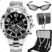 Relogio Aço Prata + Oculos Sol + Pulseira + Cordão Religioso