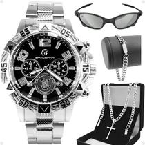 Relógio aço prata + oculos sol + pulseira + cordão social casual proteção uv presente original
