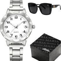 Relogio aço prata prova dagua feminino + oculos sol + caixa protecao uv qualidade premium strass resistente moda casual