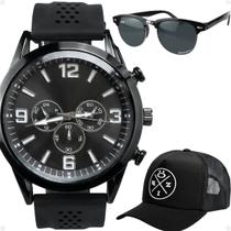 relogio aço preto masculino + bone casual social original ajustavel silicone trucker presente pulseira ajustável
