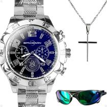 relogio aço prova dagua masculino + cordão cruz + oculos sol azul protecao uv verde catolico presente inoxidavel casual