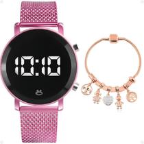 Relógio Aço Silicone Feminino Led Digital Rosa + Pulseira