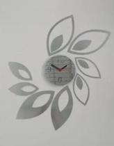Relógio Acrílico Folhas Espelhado Prata Sala Casa Escritório