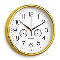 Relogio analogico de parede termometro e higrometro decorativo design elegante ambientes casa sala dourado Relogio analogico de parede termometro e higrometro decorativo design elegante ambientes casa sala dourado