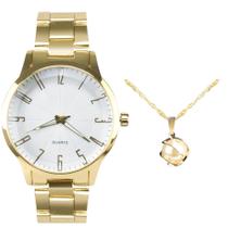 Relógio Analógico Dourado Feminino Prova Dágua + Colar 50cm Banhado Ouro 18k