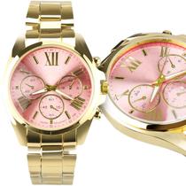 Relógio Analógico Feminino Aço Banhado 18K Fundo Rosa Luxo Original - Presente Elegante para Ela - Orizom