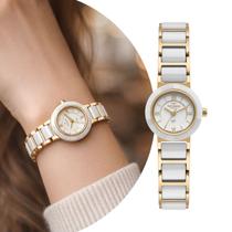 Relógio Analógico Feminino Branco e Dourado com Pulseira de Cerâmica e Vidro de Safira à Prova D Água Mini Pequeno Luxo Technos